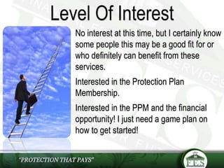 Level Of Interest
No interest at this time, but I certainly know
some people this may be a good fit for or
who definitely can benefit from these
services.
Interested in the Protection Plan
Membership.
Interested in the PPM and the financial
opportunity! I just need a game plan on
how to get started!
 
