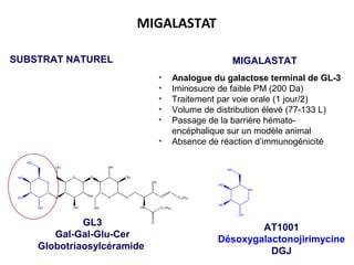 MIGALASTAT
SUBSTRAT NATUREL MIGALASTAT
GL3
Gal-Gal-Glu-Cer
Globotriaosylcéramide
AT1001
Désoxygalactonojirimycine
DGJ
NH
HO
HO
OH
HO
O
HN
OH
C13H27
O
C17H35
O
OH
OH
OHO
OH
OH
OH
O
HO
HO
OH
HO
O
O
• Analogue du galactose terminal de GL-3
• Iminosucre de faible PM (200 Da)
• Traitement par voie orale (1 jour/2)
• Volume de distribution élevé (77-133 L)
• Passage de la barrière hémato-
encéphalique sur un modèle animal
• Absence de réaction d’immunogénicité
 