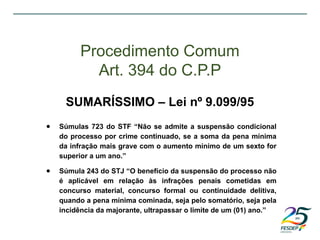 ● Súmulas 723 do STF “Não se admite a suspensão condicional
do processo por crime continuado, se a soma da pena mínima
da infração mais grave com o aumento mínimo de um sexto for
superior a um ano.”
● Súmula 243 do STJ “O benefício da suspensão do processo não
é aplicável em relação às infrações penais cometidas em
concurso material, concurso formal ou continuidade delitiva,
quando a pena mínima cominada, seja pelo somatório, seja pela
incidência da majorante, ultrapassar o limite de um (01) ano.”
Procedimento Comum
Art. 394 do C.P.P
SUMARÍSSIMO – Lei nº 9.099/95
 