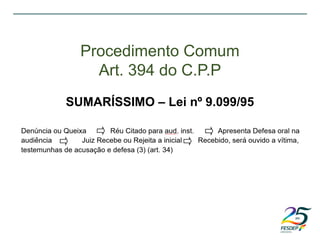 Procedimento Comum
Art. 394 do C.P.P
SUMARÍSSIMO – Lei nº 9.099/95
 