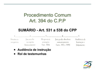 ● Audiência de instrução
● Rol de testemunhas
Procedimento Comum
Art. 394 do C.P.P
SUMÁRIO - Art. 531 a 538 do CPP
 