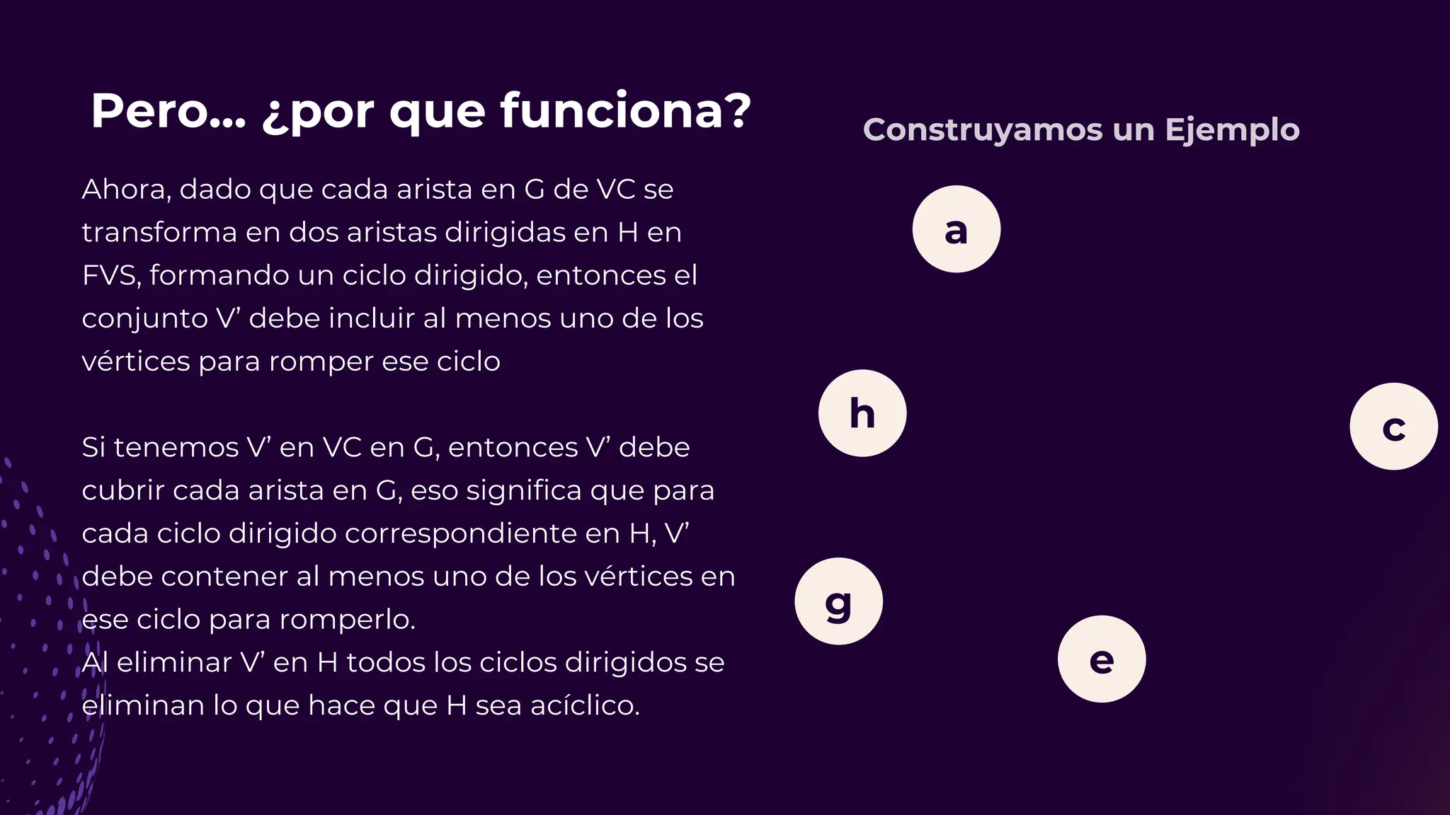 a
c
h
g
e
Pero... ¿por que funciona?
Ahora, dado que cada arista en G de VC se
transforma en dos aristas dirigidas en H en
FVS, formando un ciclo dirigido, entonces el
conjunto V’ debe incluir al menos uno de los
vértices para romper ese ciclo
Si tenemos V’ en VC en G, entonces V’ debe
cubrir cada arista en G, eso significa que para
cada ciclo dirigido correspondiente en H, V’
debe contener al menos uno de los vértices en
ese ciclo para romperlo.
Al eliminar V’ en H todos los ciclos dirigidos se
eliminan lo que hace que H sea acíclico.
Construyamos un Ejemplo
 