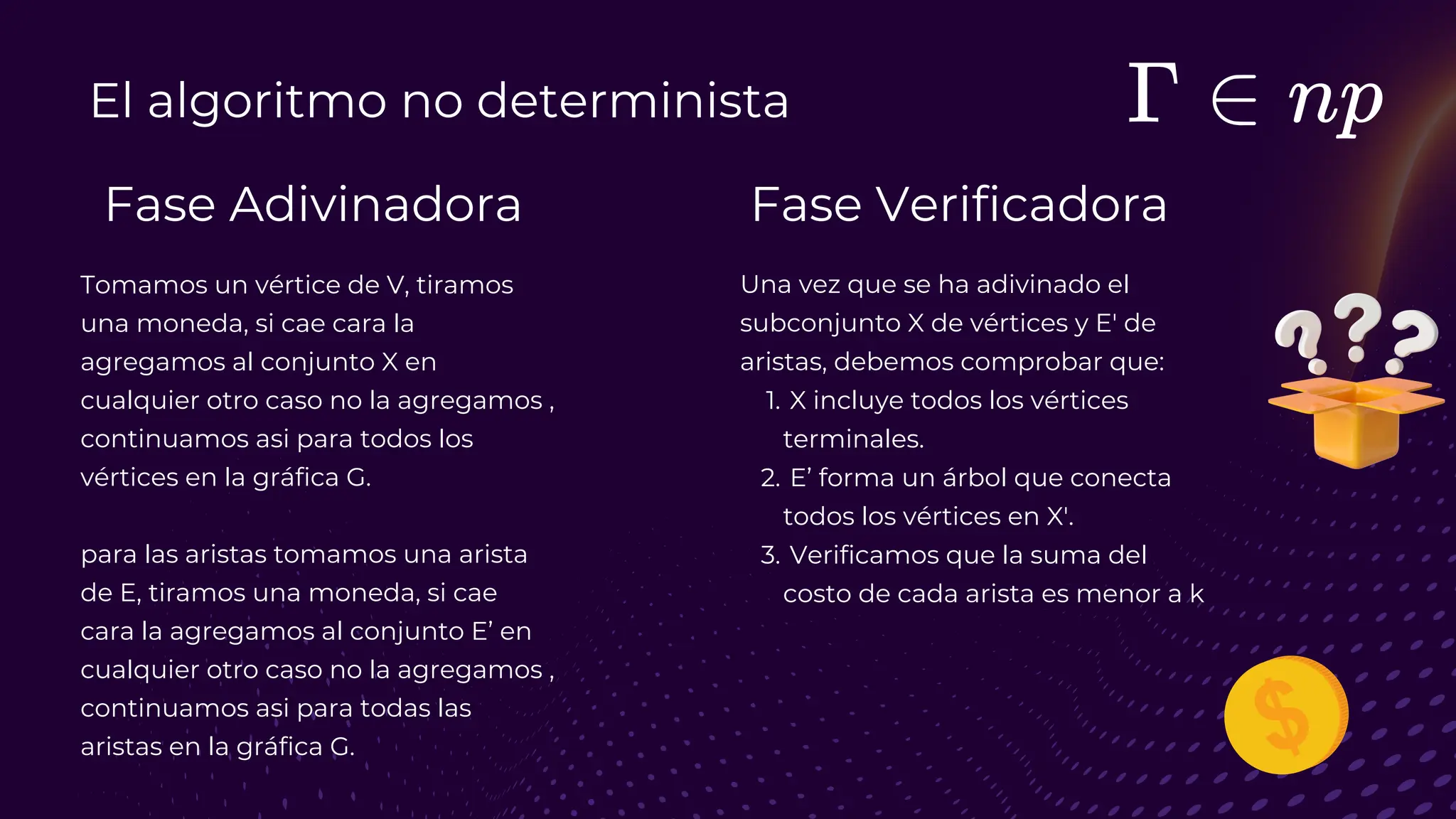El algoritmo no determinista
Fase Adivinadora Fase Verificadora
Tomamos un vértice de V, tiramos
una moneda, si cae cara la
agregamos al conjunto X en
cualquier otro caso no la agregamos ,
continuamos asi para todos los
vértices en la gráfica G.
para las aristas tomamos una arista
de E, tiramos una moneda, si cae
cara la agregamos al conjunto E’ en
cualquier otro caso no la agregamos ,
continuamos asi para todas las
aristas en la gráfica G.
Una vez que se ha adivinado el
subconjunto X de vértices y E′ de
aristas, debemos comprobar que:
X incluye todos los vértices
terminales.
1.
E’ forma un árbol que conecta
todos los vértices en X′.
2.
Verificamos que la suma del
costo de cada arista es menor a k
3.
 