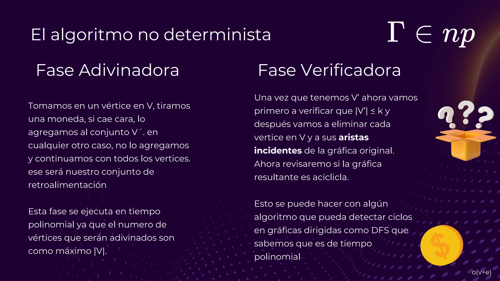 El algoritmo no determinista
Fase Adivinadora Fase Verificadora
Tomamos en un vértice en V, tiramos
una moneda, si cae cara, lo
agregamos al conjunto V´. en
cualquier otro caso, no lo agregamos
y continuamos con todos los vertices.
ese será nuestro conjunto de
retroalimentación
Esta fase se ejecuta en tiempo
polinomial ya que el numero de
vértices que serán adivinados son
como máximo |V|.
Una vez que tenemos V’ ahora vamos
primero a verificar que |V’| ≤ k y
después vamos a eliminar cada
vertice en V y a sus aristas
incidentes de la gráfica original.
Ahora revisaremo si la gráfica
resultante es acíclicla.
Esto se puede hacer con algún
algoritmo que pueda detectar ciclos
en gráficas dirigidas como DFS que
sabemos que es de tiempo
polinomial
o(v+e)
 