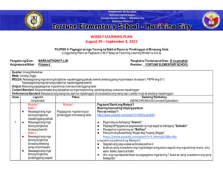 WEEKLY LEARNING PLAN
August 29 – September 2, 2022
FILIPINO 6- Pagsagot sa mga Tanong na Bakit at Paano sa Pinakinggan at Binasang Akda
(Lingguhang Plano sa Pagkatuto o WLP Bataysa Teaching-Learning Model na A-S-A)
Pangalan ng Guro: MARKANTHONYP.LIM PangkatnaTinuturuanatOras: (6na pangkat)
AsignaturaatNibel: Filipino 6 Paaralan: FORTUNEELEMENTARYSCHOOL
Quarter:UnangMarkahan
Week: UnangLinggo
MELC/s:Nasasagotangmgatanongtungkolsa napakinggangpabula,kwento,tekstongpang-inpormasyonatusapan( F6PN-la-g-3.1)
Nasasagotangmgatanongtungkol sa napakinggangkwento
Output:Masusingpagsasagotsamgatanongmulasapinakinggangakda
ContentStandard:Naipamamalasangkakayahansamgamapanuring pakikinigatpag-unawasanapakinggan
PerformanceStandard:Nasasauloangisangtula,awitna napakingganatnaisasadulaangisangisyuo paksa mulasatekstong napakinggan
Araw Layunin
(Unpacked)
Paksa Gawaing Pambahay
(ASYNCHRONOUS-Concept Exploration)
1
Module1
Aralin 1
● Nasasagotangmga
tanongtungkolsa
napakinggangpabula
● Nasasagotangmga
tanongtungkolsa
binasangkwento
Aralin 2
● Nasasagotangmga
tanongtungkolsa
binasangtekstong
pang-impormasyon
● Nasasagotangmga
tanongtungkolsa
pinakinggangusapan
Module1
Pagsagotsa mgatanongsa
pinakingganatbinasangakda
Pag-aaral Gamitang Modyul 1
Maaringmanuod ng bidyong panturo:
Parasa modyul 1
https://www.youtube.com/watch?v=3X5DaJzcgHQ
● Pagninilaysa bahaging “Alamin”
● Pagsagot/Paggawaatpagwawastongmgasagot sa bahaging “Subukin”
● Pasagot sa mgatanongsa “Balikan”
● Panuorinangkuwentong“RogerAng Pusang Vlogger”
https://www.youtube.com/watch?v=E_B9miqEIO8&t=85s
o basahinsa pahina3 ng Modyul 1
● Sagutanang pag-unawasabinasapahina4
● Isulat sa iyong kuwadernoangmgabatayan kungpaanosagutinang mgatanongnaano, sino,
saan, kailanpaanoat bakit.
● Ano angmgadapattandaansa pagsagotsa mgatanong? Isulat sa iyong kuwadernoangiyong
kasagutan
 