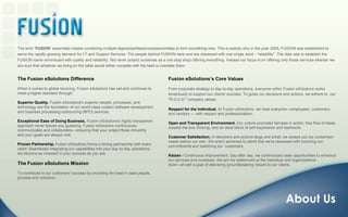 The term “FUSION” essentially means combining multiple objects/parties/processes/entities to form something new. This is exactly why in the year 2005, FUSION was established to serve the rapidly growing demand for I.T and Support Services. The people behind FUSION were and are obsessed with one single word - “reliability”. The idea was to establish the FUSION name reminiscent with quality and reliability. We never project ourselves as a one stop shop offering everything. Instead our focus is on offering only those services wherein we are sure that whatever we bring on the table would either compete with the best or overtake them.The Fusion eSolutions DifferenceWhen it comes to global sourcing, Fusion eSolutions has set-and continues to meet-a higher standard through:Superior Quality.Fusion eSolutions's superior people, processes, and technology are the foundation of our world-class custom software development and business processing outsourcing (BPO) services.Exceptional Ease of Doing Business. Fusion eSolutions's highly transparent approach never leaves you guessing. Fusion eSolutions continuously communicates and collaborates—ensuring that your project flows smoothly and your goals are always met.Proven Partnership. Fusion eSolutions forms a strong partnership with every client. Seamlessly integrating our capabilities into your day-to-day operations, we become as invested in your success as you are.The Fusion eSolutions MissionTo contribute to our customers' success by providing the best in class people, process and solutions. Fusion eSolutions’s Core ValuesFrom corporate strategy to day-to-day operations, everyone within Fusion eSolutions works tenaciously to support our clients' success. To guide our decisions and actions, we adhere to  our "R.O.C.K." company values:Respect for the Individual. At Fusion eSolutions, we treat everyone—employees, customers, and vendors — with respect and professionalism.Open and Transparent Environment. Our culture promotes fairness in action, free flow of ideas, outside-the-box thinking, and an ideal blend of self-expression and teamwork.Customer Satisfaction. In decisions and actions large and small, we always put our customers' needs before our own. We aren't ashamed to admit that we're obsessed with honoring our commitments and satisfying our  customers.Kaizen - Continuous Improvement. Day after day, we continuously seek opportunities to enhance our services and ourselves. We aim for betterment at the individual and organizational level—all with a goal of delivering groundbreaking results to our clients.About Us