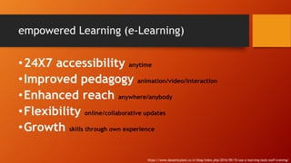empowered Learning (e-Learning)
•24X7 accessibility anytime
•Improved pedagogy animation/video/interaction
•Enhanced reach anywhere/anybody
•Flexibility online/collaborative updates
•Growth skills through own experience
https://www.dynamicpixel.co.in/blog/index.php/2016/09/15/use-e-learning-tools-staff-training/
 