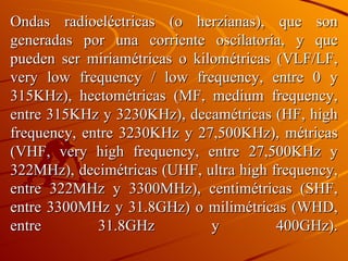 Ondas radioeléctricas (o herzianas), que son generadas por una corriente oscilatoria, y que pueden ser miriamétricas o kilométricas (VLF/LF, very low frequency / low frequency, entre 0 y 315KHz), hectométricas (MF, medium frequency, entre 315KHz y 3230KHz), decamétricas (HF, high frequency, entre 3230KHz y 27,500KHz), métricas (VHF, very high frequency, entre 27,500KHz y 322MHz), decimétricas (UHF, ultra high frequency, entre 322MHz y 3300MHz), centimétricas (SHF, entre 3300MHz y 31.8GHz) o milimétricas (WHD, entre 31.8GHz y 400GHz). 