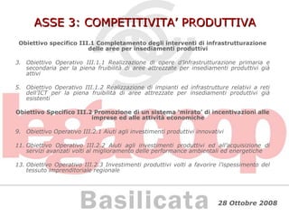 ASSE 3: COMPETITIVITA’ PRODUTTIVA Obiettivo specifico III.1 Completamento degli interventi di infrastrutturazione delle aree per insediamenti produttivi Obiettivo Operativo III.1.1 Realizzazione di opere d’infrastrutturazione primaria e secondaria per la piena fruibilità di aree attrezzate per insediamenti produttivi già attivi Obiettivo Operativo III.1.2 Realizzazione di impianti ed infrastrutture relativi a reti dell’ICT per la piena fruibilità di aree attrezzate per insediamenti produttivi già esistenti Obiettivo Specifico III.2 Promozione di un sistema ‘mirato’ di incentivazioni alle imprese ed alle attività economiche Obiettivo Operativo III.2.1 Aiuti agli investimenti produttivi innovativi Obiettivo Operativo III.2.2 Aiuti agli investimenti produttivi ed all’acquisizione di servizi avanzati volti al miglioramento delle performance ambientali ed energetiche Obiettivo Operativo III.2.3 Investimenti produttivi volti a favorire l’ispessimento del tessuto imprenditoriale regionale 