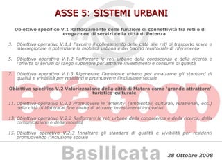 ASSE 5: SISTEMI URBANI Obiettivo specifico V.1 Rafforzamento delle funzioni di connettività fra reti e di erogazione di servizi della città di Potenza Obiettivo operativo V.1.1 Favorire il collegamento delle città alle reti di trasporto sovra e interregionale e potenziare la mobilità urbana e del bacino territoriale di riferimento Obiettivo operativo V.1.2 Rafforzare le reti urbane della conoscenza e della ricerca e l’offerta di servizi di rango superiore per attrarre investimenti e consumi di qualità Obiettivo operativo V.1.3 Rigenerare l’ambiente urbano per innalzarne gli standard di qualità e vivibilità per residenti e promuovere l’inclusione sociale Obiettivo specifico V.2 Valorizzazione della città di Matera come ‘grande attrattore’ turistico-culturale Obiettivo operativo V.2.1 Promuovere le ‘amenity’ (ambientali, culturali, relazionali, ecc.) della città di Matera al fine anche di attrarre investimenti innovativi Obiettivo operativo V.2.2 Rafforzare le reti urbane della conoscenza e della ricerca, della comunicazione e della mobilità Obiettivo operativo V.2.3 Innalzare gli standard di qualità e vivibilità per residenti promuovendo l’inclusione sociale 