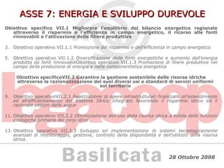ASSE 7: ENERGIA E SVILUPPO DUREVOLE Obiettivo specifico VII.1 Migliorare l'equilibrio del bilancio energetico regionale attraverso il risparmio e l'efficienza in campo energetico, il ricorso alle fonti rinnovabili e l'attivazione delle filiere produttive Obiettivo operativo VII.1.1  Promozione del risparmio e dell’efficienza in campo energetico Obiettivo operativo VII.1.2  Diversificazione delle fonti energetiche e aumento dell’energia prodotta da fonti rinnovabili Obiettivo operativo VII.1.3  Promozione di filiere produttive nel campo della produzione di energia e nella componentistica energetica Obiettivo specificoVII.2 Garantire la gestione sostenibile delle risorse idriche attraverso la razionalizzazione dei suoi diversi usi e standard di servizi uniformi sul territorio Obiettivo operativoVII.2.1  Realizzazione di opere infrastrutturali finalizzate all’estendimento ed all’efficientamento del Sistema Idrico Integrato favorendo il risparmio idrico ed il razionale utilizzo delle acque Obiettivo operativo VII.2.2  Ottimizzazione dell’uso della risorsa idrica a tutela delle funzioni ecologiche primarie dei corpi idrici Obiettivo operativo VII.2.3  Sviluppo ed implementazione di sistemi tecnologicamente avanzati di monitoraggio, gestione, controllo della disponibilità e dell’utilizzo della risorsa idrica. 