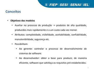 Conceitos
• Objetivos dos modelos
• Auxiliar no processo de produção -> produtos de alta qualidade,
produzidos mais rapidamente e a um custo cada vez menor.
• Atributos: complexidade, visibilidade, aceitabilidade, confiabilidade,
manutenibilidade, segurança etc.
• Possibilitam:
• Ao gerente: controlar o processo de desenvolvimento de
sistemas de software.
• Ao desenvolvedor: obter a base para produzir, de maneira
eficiente, software que satisfaça os requisitos pré-estabelecidos.
5
 