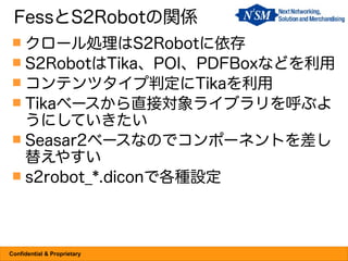 FessとS2Robotの関係
  クロール処理はS2Robotに依存
  S2RobotはTika、POI、PDFBoxなどを利用
  コンテンツタイプ判定にTikaを利用
  Tikaベースから直接対象ライブラリを呼ぶよ
   うにしていきたい
  Seasar2ベースなのでコンポーネントを差し
   替えやすい
  s2robot_*.diconで各種設定




Confidential & Proprietary
 