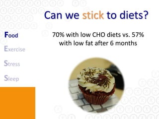 Can we stick to diets?
Food    70% with low CHO diets vs. 57%
          with low fat after 6 months
 