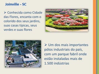  Conhecida como Cidade
das Flores, encanta com o
colorido dos seus jardins,
suas casas típicas, seus
verdes e suas flores
 Um dos mais importantes
pólos industriais do país,
com um parque fabril onde
estão instaladas mais de
1.500 indústrias
 