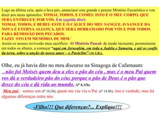Olhe, eu já havia dito no meu discurso na Sinagoga de Cafarnaum:  ... não foi Moisés quem deu a eles o pão do céu , mas é o meu Pai quem vos dá o verdadeiro pão do céu; porque o pão de Deus é o pão que desce do céu e dá vida ao mundo.   (Jº 6,32b).   Meu pai ,:  somos um  (Jº 10,30),  quem me viu viu o Pai   (Jº 14,9b);  isto é verdade, mas há algumas diferenças entre nós. -Filho!!! Que diferenças?... Explique!!! Logo na última ceia, após o lava pés, anunciarei este grande e perene Mistério Eucarístico e vou dizer aos meus apóstolos:  TOMAI, TODOS, E COMEI: ISTO É O MEU CORPO. QUE SERÁ ENTREGUE POR VÓS.  Em seguida direi: TOMAI, TODOS, E BEBEI: ESTE É O CÁLICE DO MEU SANGUE, O SANGUE DA NOVA E ETERNA ALIANÇA, QUE SERÁ DERRAMADO POR VÓS E POR TODOS PARA REMISSÃO DOS PECADOS. FAZEI  STO EM MEMÓRIA DE MIM.´ Assim os nossos reviverão meu sacrifício – O Mistério Pascal-   de modo incruento, perenemente em todos os altares, a começar  “ aqui em Jerusalém, em toda a Judéia e Samaria, e até os confis da terra, sobre a unção do nosso amor – o Paráclito”  (At 1,8c).  