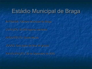 Estádio Municipal de BragaEstádio Municipal de Braga
ENTIDADE: Câmara Municipal de BragaENTIDADE: Câmara Municipal de Braga
LOTAÇÃO: 30.000 lugares sentadosLOTAÇÃO: 30.000 lugares sentados
ARQUITECTO: Souto MouraARQUITECTO: Souto Moura
JOGOS: Dois jogos da fase de gruposJOGOS: Dois jogos da fase de grupos
INAUGURAÇÃO: 30 de Dezembro de 2003INAUGURAÇÃO: 30 de Dezembro de 2003
 