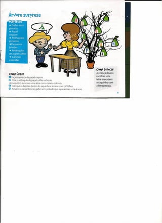 ,
Arvore surf>resa




                                                                             C0ttJ0 br;ttc.ar
Cott)O .Çazer                                                                A criança deverá
o Façasaquinhos de papel crepom.                                             escolher uma
~ Cole o retângulo de papel sulfite na frente                                letra e receberá
 do saquinho e escreva uma letra com a caneta colorida.                      o saquinho com
f:) Coloque os brindes dentro do saquinho e amarre com os fitilhos.          a letra pedida.
m   Amarre os saquinhos no galho seco pintado que representará uma árvore.
                                                                                                11
 