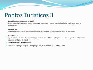 Pontos Turísticos 3
   Praia Ajuruteua (ou Campo do Meio)
    Longa, de areia fina e águas limpas, mas turvas e agitadas. É a praia mais badalada da cidade, com bares e
    restaurantes.

    Praia da Vila
    Vila de pescadores, praia com pequenas dunas. Acesso a pé, na maré baixa, a partir de Ajuruteua.

   Praia Chavascal
    Águas claras, pequenas dunas e vila de pescadores. Fica a 1 hora a pé a partir da praia de Ajuruteua (informe-se
    sobre as condições da maré).
 Teatro Museu da Marujada
 Travessa Cônego Miguel - Bragança - PA, 68600-000 (91) 3425-1808
 