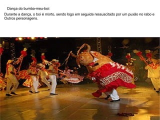 Dança do bumba-meu-boi: Durante a dança, o boi é morto, sendo logo em seguida ressuscitado por um puxão no rabo e  Outros personagens. 