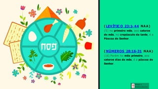 ( LEVÍTIC O 23:1- 44 NAA)
(5) no primeiro mês, aos catorze
do mês, no crepúsculo da tarde, é a
Páscoa do Senhor.
( NÚMEROS 28:16-31 NAA)
(16) Porém no mês primeiro, aos
catorze dias do mês, é a páscoa do
Senhor.
Graça e
Con h e cim e n to
 