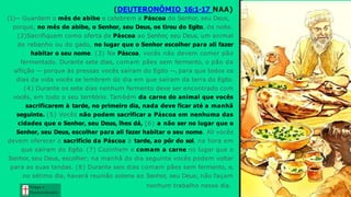 (DEUTERONÔMIO 16:1-17 NAA)
(1)— Guardem o mês de abibe e celebrem a Páscoa do Senhor, seu Deus,
porque, no mês de abibe, o Senhor, seu Deus, os tirou do Egito, de noite.
(2)Sacrifiquem como oferta de Páscoa ao Senhor, seu Deus, um animal
do rebanho ou do gado, no lugar que o Senhor escolher para ali fazer
habitar o seu nome. (3) Na Páscoa, vocês não devem comer pão
fermentado. Durante sete dias, comam pães sem fermento, o pão da
aflição — porque às pressas vocês saíram do Egito —, para que todos os
dias da vida vocês se lembrem do dia em que saíram da terra do Egito.
(4) Durante os sete dias nenhum fermento deve ser encontrado com
vocês, em todo o seu território. Também da carne do animal que vocês
sacrificarem à tarde, no primeiro dia, nada deve ficar até a manhã
seguinte. (5) Vocês não podem sacrificar a Páscoa em nenhuma das
cidades que o Senhor, seu Deus, lhes dá, (6) a não ser no lugar que o
Senhor, seu Deus, escolher para ali fazer habitar o seu nome. Ali vocês
devem oferecer o sacrifício da Páscoa à tarde, ao pôr do sol, na hora em
que saíram do Egito. (7) Cozinhem e comam a carne no lugar que o
Senhor, seu Deus, escolher; na manhã do dia seguinte vocês podem voltar
para as suas tendas. (8) Durante seis dias comam pães sem fermento, e,
no sétimo dia, haverá reunião solene ao Senhor, seu Deus; não façam
nenhum trabalho nesse dia.
Graça e
Con h e cim e n to
 