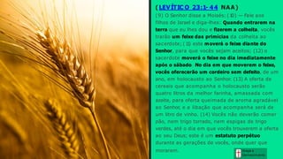 ( LEVÍTIC O 23:1- 44 NAA)
(9) O Senhor disse a Moisés: (1
0) — Fale aos
filhos de Israel e diga-lhes: Quando entrarem na
terra que eu lhes dou e fizerem a colheita, vocês
trarão um feixe das primícias da colheita ao
sacerdote; (1
1
) este moverá o feixe diante do
Senhor, para que vocês sejam aceitos; (12) o
sacerdote moverá o feixe no dia imediatamente
após o sábado. No dia em que moverem o feixe,
vocês oferecerão um cordeiro sem defeito, de um
ano, em holocausto ao Senhor. (13) A oferta de
cereais que acompanha o holocausto serão
quatro litros da melhor farinha, amassada com
azeite, para oferta queimada de aroma agradável
ao Senhor, e a libação que acompanha será de
um litro de vinho. (14) Vocês não deverão comer
pão, nem trigo torrado, nem espigas de trigo
verdes, até o dia em que vocês trouxerem a oferta
ao seu Deus; este é um estatuto perpétuo
durante as gerações de vocês, onde quer que
morarem. Graça e
Conhecim ento
 