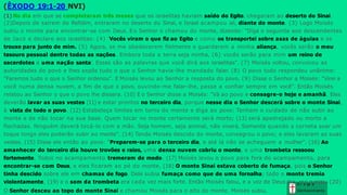 (ÊXODO 19:1-20 NVI)
O Senhor desceu ao topo do monte Sinai e chamou Moisés para o alto do monte. Moisés subiu.
(1) No dia em que se completaram três meses que os israelitas haviam saído do Egito, chegaram ao deserto do Sinai.
(2)Depois de saírem de Refidim, entraram no deserto do Sinai, e Israel acampou ali, diante do monte. (3) Logo Moisés
subiu o monte para encontrar-se com Deus. Eo Senhor o chamou do monte, dizendo: "Diga o seguinte aos descendentes
de Jacó e declare aos israelitas: (4) ‘Vocês viram o que fiz ao Egito e como os transportei sobre asas de águias e os
trouxe para junto de mim. (5) Agora, se me obedecerem fielmente e guardarem a minha aliança, vocês serão o meu
tesouro pessoal dentre todas as nações. Embora toda a terra seja minha, (6) vocês serão para mim um reino de
sacerdotes e uma nação santa’. Essas são as palavras que você dirá aos israelitas". (7) Moisés voltou, convocou as
autoridades do povo e lhes expôs tudo o que o Senhor havia-lhe mandado falar. (8) O povo todo respondeu unânime:
"Faremos tudo o que o Senhor ordenou". E Moisés levou ao Senhor a resposta do povo. (9) Disse o Senhor a Moisés: "Virei a
você numa densa nuvem, a fim de que o povo, ouvindo-me falar-lhe, passe a confiar sempre em você". Então Moisés
relatou ao Senhor o que o povo lhe dissera. (10) E o Senhor disse a Moisés: "Vá ao povo e consagre-o hoje e amanhã. Eles
deverão lavar as suas vestes (11) e estar prontos no terceiro dia, porque nesse dia o Senhor descerá sobre o monte Sinai,
à vista de todo o povo. (12) Estabeleça limites em torno do monte e diga ao povo: Tenham o cuidado de não subir ao
monte e de não tocar na sua base. Quem tocar no monte certamente será morto; (13) será apedrejado ou morto a
flechadas. Ninguém deverá tocá-lo com a mão. Seja homem, seja animal, não viverá. Somente quando a corneta soar um
toque longo eles poderão subir ao monte". (14) Tendo Moisés descido do monte, consagrou o povo; e eles lavaram as suas
vestes. (15) Disse ele então ao povo: "Preparem-se para o terceiro dia, e até lá não se acheguem a mulher". (16) Ao
amanhecer do terceiro dia houve trovões e raios, uma densa nuvem cobriu o monte, e uma trombeta ressoou
fortemente. Todos no acampamento tremeram de medo. (17) Moisés levou o povo para fora do acampamento, para
encontrar-se com Deus, e eles ficaram ao pé do monte. (18) O monte Sinai estava coberto de fumaça, pois o Senhor
tinha descido sobre ele em chamas de fogo. Dele subia fumaça como que de uma fornalha; todo o monte tremia
violentamente, (19) e o som da trombeta era cada vez mais forte. Então Moisés falou, e a voz de Deus lhe G
rr
ea
sça
pe
ondeu. (20)
Conhecim ento
 