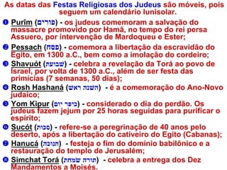 As datas das Festas Religiosas dos Judeus são móveis, pois
seguem um calendário lunisolar.
u Purîm (‫פורים‬) - os judeus comemoram a salvação do
massacre promovido por Hamã, no tempo do rei persa
Assuero, por intervenção de Mardoqueu e Ester;
v Pessach (‫פסּח‬) - comemora a libertação da escravidão do
Egito, em 1300 a.C., bem como a imolação do cordeiro;
w Shavuót (‫)שׁבועת‬ - celebra a revelação da Torá ao povo de
Israel, por volta de 1300 a.C., além de ser festa das
primícias (7 semanas, 50 dias);
x Rosh Hashaná ( ‫השׁנה‬
‫ראשׁ‬ ) - é a comemoração do Ano-Novo
judaico;
y Yom Kipur ( ‫כיפּר‬
‫יום‬ ) - considerado o dia do perdão. Os
judeus fazem jejum por 25 horas seguidas para purificar o
espírito;
z Sucót (‫)סכּות‬ - refere-se a peregrinação de 40 anos pelo
deserto, após a libertação do cativeiro do Egito (Cabanas);
{ Hanucá (‫)חנוכה‬ - festeja o fim do domínio babilônico e a
restauração do templo de Jerusalém;
| Simchat Torá ( ‫תורה‬
‫שׂמחת‬ ) - celebra a entrega dos Dez
Mandamentos a Moisés.
 