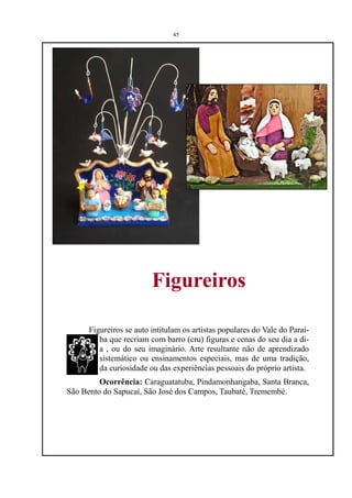 45




                         Figureiros

      Figureiros se auto intitulam os artistas populares do Vale do Paraí-
         ba que recriam com barro (cru) figuras e cenas do seu dia a di-
         a , ou do seu imaginário. Arte resultante não de aprendizado
         sistemático ou ensinamentos especiais, mas de uma tradição,
         da curiosidade ou das experiências pessoais do próprio artista.
         Ocorrência: Caraguatatuba, Pindamonhangaba, Santa Branca,
São Bento do Sapucaí, São José dos Campos, Taubaté, Tremembé.
 