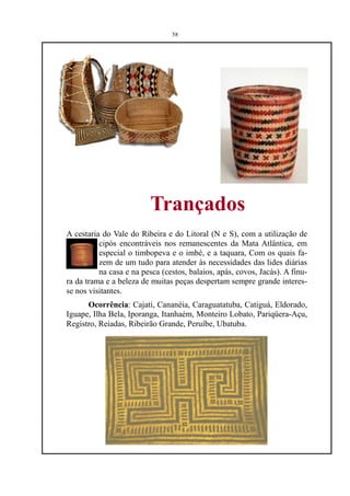58




                          Trançados
A cestaria do Vale do Ribeira e do Litoral (N e S), com a utilização de
          cipós encontráveis nos remanescentes da Mata Atlântica, em
          especial o timbopeva e o imbé, e a taquara, Com os quais fa-
          zem de um tudo para atender às necessidades das lides diárias
          na casa e na pesca (cestos, balaios, apás, covos, Jacás). A finu-
ra da trama e a beleza de muitas peças despertam sempre grande interes-
se nos visitantes.
      Ocorrência: Cajati, Cananéia, Caraguatatuba, Catiguá, Eldorado,
Iguape, Ilha Bela, Iporanga, Itanhaém, Monteiro Lobato, Pariqüera-Açu,
Registro, Reiadas, Ribeirão Grande, Peruíbe, Ubatuba.
 