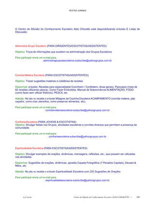 FESTAS JUNINAS




O Centro de Difusão do Conhecimento Escoteiro Aldo Chioratto está disponibilizando e-books E Listas de
Discussão:




Administra Grupo Escoteiro (PARA DIRIGENTES/ESCOTISTAS/ASSISTENTES)

Objetivo: Troca de informações que auxiliem na administração dos Grupos Escoteiros.

Para participar envie um e-mail para:
                         administragruposescoteiros-subscribe@yahoogrupos.com.br




Comida Mateira Escoteira (PARA ESCOTISTAS/ASSISTENTES)

Objetivo: Trazer sugestões mateiras e coletânea de receitas

Disponível: e-books: Receitas para especialidade Cozinheiro / Confeiteiro, dicas gerais), Pipocasso (mais de
60 receitas utilizando pipoca), Como Fazer Embutidos, Manual de Sobrevivência ALIMENTAÇÃO, FOGO
(como fazer sem utilizar fósforos), PESCA, etc

Adesão: No ato vc recebe o e-book Milagres da Cozinha Escoteira ACAMPAMENTO (comida mateira, pão
caçador, como criar utensílios, como preservar alimentos, etc),

Para participar envie um e-mail para:
                           comidamateiraescoteira-subscribe@yahoogrupos.com.br



Confraria Escoteira (PARA JOVENS & ESCOTISTAS)
Objetivo: Divulgar festas nos Grupos, atividades escoteiras e convites diversos que permitam a presença da
comunidade.

Para participar envie um e-mail para:
                             confrariaescoteira-subscribe@yahoogrupos.com.br



Espiritualidade Escoteira (PARA ESCOTISTAS/ASSISTENTES)

Objetivo: Divulgar exemplos de orações, dinâmicas, mensagens, reflexões, etc., que possam ser utilizadas
nas atividades.

Disponível: Sugestões de orações, dinâmicas, apostila Caçada Fotográfica (7 Pecados Capitais), Deuses &
Mitos, etc.

Adesão: No ato vc recebe o e-book Espiritualidade Escoteira com 220 Sugestões de Orações

Para participar envie um e-mail para:
                           espiritualidadeescoteira-subscribe@yahoogrupos.com.br




      õ¿õ Lecão                                    Centro de Difusão do Conhecimento Escoteiro ALDO CHIORATTO --   107
 