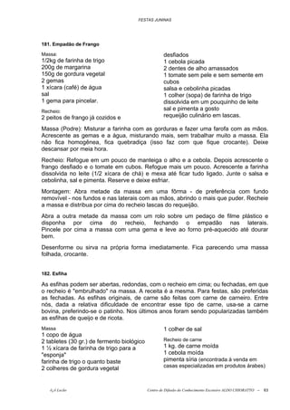FESTAS JUNINAS




181. Empadão de Frango

Massa:                                              desfiados
1/2kg de farinha de trigo                           1 cebola picada
200g de margarina                                   2 dentes de alho amassados
150g de gordura vegetal                             1 tomate sem pele e sem semente em
2 gemas                                             cubos
1 xícara (café) de água                             salsa e cebolinha picadas
sal                                                 1 colher (sopa) de farinha de trigo
1 gema para pincelar.                               dissolvida em um pouquinho de leite
Recheio:
                                                    sal e pimenta a gosto
2 peitos de frango já cozidos e                     requeijão culinário em lascas.

Massa (Podre): Misturar a farinha com as gorduras e fazer uma farofa com as mãos.
Acrescente as gemas e a água, misturando mais, sem trabalhar muito a massa. Ela
não fica homogênea, fica quebradiça (isso faz com que fique crocante). Deixe
descansar por meia hora.
Recheio: Refogue em um pouco de manteiga o alho e a cebola. Depois acrescente o
frango desfiado e o tomate em cubos. Refogue mais um pouco. Acrescente a farinha
dissolvida no leite (1/2 xícara de chá) e mexa até ficar tudo ligado. Junte o salsa e
cebolinha, sal e pimenta. Reserve e deixe esfriar.
Montagem: Abra metade da massa em uma fôrma - de preferência com fundo
removível - nos fundos e nas laterais com as mãos, abrindo o mais que puder. Recheie
a massa e distribua por cima do recheio lascas do requeijão.
Abra a outra metade da massa com um rolo sobre um pedaço de filme plástico e
disponha por cima do recheio, fechando o empadão nas laterais.
Pincele por cima a massa com uma gema e leve ao forno pré-aquecido até dourar
bem.
Desenforme ou sirva na própria forma imediatamente. Fica parecendo uma massa
folhada, crocante.


182. Esfiha

As esfihas podem ser abertas, redondas, com o recheio em cima; ou fechadas, em que
o recheio é "embrulhado" na massa. A receita é a mesma. Para festas, são preferidas
as fechadas. As esfihas originais, de carne são feitas com carne de carneiro. Entre
nós, dada a relativa dificuldade de encontrar esse tipo de carne, usa-se a carne
bovina, preferindo-se o patinho. Nos últimos anos foram sendo popularizadas também
as esfihas de queijo e de ricota.
Massa                                               1 colher de sal
1 copo de água
2 tabletes (30 gr.) de fermento biológico           Recheio de carne
1 ½ xícara de farinha de trigo para a               1 kg. de carne moída
"esponja"                                           1 cebola moída
farinha de trigo o quanto baste                     pimenta síria (encontrada à venda em
                                                    casas especializadas em produtos árabes)
2 colheres de gordura vegetal


   õ¿õ Lecão                                Centro de Difusão do Conhecimento Escoteiro ALDO CHIORATTO --   63
 