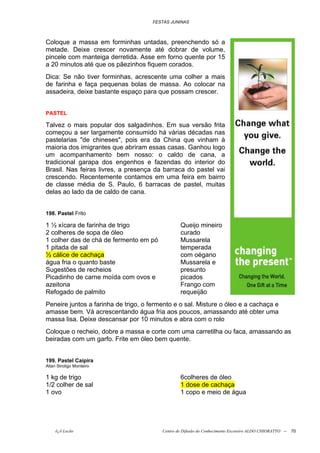 FESTAS JUNINAS



Coloque a massa em forminhas untadas, preenchendo só a
metade. Deixe crescer novamente até dobrar de volume,
pincele com manteiga derretida. Asse em forno quente por 15
a 20 minutos até que os pãezinhos fiquem corados.
Dica: Se não tiver forminhas, acrescente uma colher a mais
de farinha e faça pequenas bolas de massa. Ao colocar na
assadeira, deixe bastante espaço para que possam crescer.


PASTEL

Talvez o mais popular dos salgadinhos. Em sua versão frita
começou a ser largamente consumido há várias décadas nas
pastelarias "de chineses", pois era da China que vinham à
maioria dos imigrantes que abriram essas casas. Ganhou logo
um acompanhamento bem nosso: o caldo de cana, a
tradicional garapa dos engenhos e fazendas do interior do
Brasil. Nas feiras livres, a presença da barraca do pastel vai
crescendo. Recentemente contamos em uma feira em bairro
de classe média de S. Paulo, 6 barracas de pastel, muitas
delas ao lado da de caldo de cana.


198. Pastel Frito

1 ½ xícara de farinha de trigo                   Queijo mineiro
2 colheres de sopa de óleo                       curado
1 colher das de chá de fermento em pó            Mussarela
1 pitada de sal                                  temperada
½ cálice de cachaça                              com oégano
água fria o quanto baste                         Mussarela e
Sugestões de recheios                            presunto
Picadinho de carne moída com ovos e              picados
azeitona                                         Frango com
Refogado de palmito                              requeijão
Peneire juntos a farinha de trigo, o fermento e o sal. Misture o óleo e a cachaça e
amasse bem. Vá acrescentando água fria aos poucos, amassando até obter uma
massa lisa. Deixe descansar por 10 minutos e abra com o rolo
Coloque o recheio, dobre a massa e corte com uma carretilha ou faca, amassando as
beiradas com um garfo. Frite em óleo bem quente.


199. Pastel Caipira
Allan Stroligo Monteiro

1 kg de trigo                                    6colheres de óleo
1/2 colher de sal                                1 dose de cachaça
1 ovo                                            1 copo e meio de água




     õ¿õ Lecão                           Centro de Difusão do Conhecimento Escoteiro ALDO CHIORATTO --   70
 
