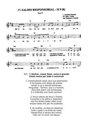 Ref.: Ó Senhor, nosso Deus, como é grande
Vosso nome por todo o universo!
1. Contemplando estes céus que plasmastes
E formastes com dedos de artista;
Vendo a lua e estrela brilhantes,
Perguntas: "Senhor, que é o homem,
Para dele assim vos lembrardes
E o tratardes com tanto carinho?
2. Pouco abaixo de Deus o fizeste,
Coroando-o de glória e esplendor;
Vós lhe destes poder sobre tudo,
Vossas obras aos pés lhe pudestes.
3. As ovelhas ,os bois,os rebanhos,
Todo o gado e as feras da mata;
Passarinhos e peixes dos mares,
Todo ser se move nas águas.
 