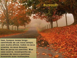 Isso, busque nessa longa caminhada de um novo tempo, com muito afinco, todos os seus anseios, os seus desejos. Não se perca no caminho. Mas caso ocorra, recomponha-se, comece de novo e continue buscando suas realizações. BUSQUE! 