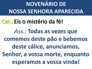 Cel.: Eis o mistério da fé!
Ass.: Todas as vezes que
comemos deste pão e bebemos
deste cálice, anunciamos,
Senhor, a vossa morte, enquanto
esperamos a vossa vinda!
NOVENÁRIO DE
NOSSA SENHORA APARECIDA
 