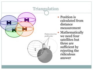 Triangulation
             Position is
              calculated from
              distance
              measurement
             Mathematically
              we need four
              satellites but
              three are
              sufficient by
              rejecting the
              ridiculous
              answer
 