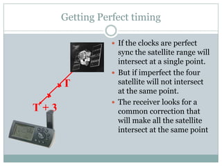 Getting Perfect timing

                  If the clocks are perfect
                   sync the satellite range will
                   intersect at a single point.
                  But if imperfect the four
      T            satellite will not intersect
                   at the same point.
                  The receiver looks for a
T+3                common correction that
                   will make all the satellite
                   intersect at the same point
 