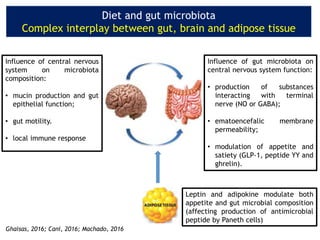Diet and gut microbiota
Complex interplay between gut, brain and adipose tissue
Influence of gut microbiota on
central nervous system function:
• production of substances
interacting with terminal
nerve (NO or GABA);
• ematoencefalic membrane
permeability;
• modulation of appetite and
satiety (GLP-1, peptide YY and
ghrelin).
Influence of central nervous
system on microbiota
composition:
• mucin production and gut
epithelial function;
• gut motility.
• local immune response
Ghaisas, 2016; Cani, 2016; Machado, 2016
Leptin and adipokine modulate both
appetite and gut microbial composition
(affecting production of antimicrobial
peptide by Paneth cells)
 