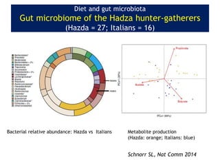 Diet and gut microbiota
Gut microbiome of the Hadza hunter-gatherers
(Hazda = 27; Italians = 16)
Metabolite production
(Hazda: orange; Italians: blue)
Bacterial relative abundance: Hazda vs Italians
Schnorr SL, Nat Comm 2014
 