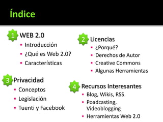 Índice1WEB 2.0Introducción¿Qué es Web 2.0? Características2Licencias