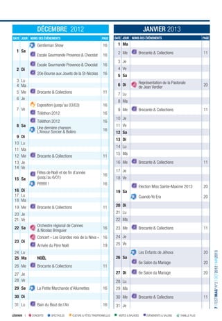 DÉCEMBRE 2012                                                                    JANVIER 2013
DATE JOUR NOMS DES ÉVÉNEMENTS                                   PAGE      DATE JOUR NOMS DES ÉVÉNEMENTS                               PAGE

               Gentleman Show                                    16         1 Ma
   1 Sa                                                                     2 Me            Brocante & Collections                    11
               Escale Gourmande Provence & Chocolat              16
                                                                            3 Je
               Escale Gourmande Provence & Chocolat              16
   2 Di                                                                     4 Ve
               20e Bourse aux Jouets de la St-Nicolas            16         5 Sa
   3   Lu                                                                                   Représentation de la Pastorale
   4   Ma                                                                   6 Di                                                      20
                                                                                            de Jean Verdier
   5   Me      Brocante & Collections                            11         7 Lu
   6   Je
                                                                            8 Ma
               Exposition (jusqu’au 03/03)                       16
   7 Ve                                                                     9 Me            Brocante & Collections                    11
               Téléthon 2012                                     16
                                                                          10 Je
               Téléthon 2012                                     16
   8 Sa                                                                   11 Ve
               Une dernière chanson                              16
               L’Amour Sorcier & Boléro                                   12 Sa
  9    Di
                                                                          13 Di
 10    Lu
                                                                          14 Lu
 11    Ma
                                                                          15 Ma
 12    Me      Brocante & Collections                            11
 13    Je                                                                 16 Me             Brocante & Collections                    11
 14    Ve
               Fêtes de Noël et de ﬁn d’année                             17 Je
                                                                 16
 15 Sa         (jusqu’au 6/01)                                            18 Ve
               Pfffffff !                                        16
                                                                                            Election Miss Sainte-Maxime 2013          20
 16 Di                                                                    19 Sa
 17 Lu                                                                                      Cuando Yo Era                             20
 18 Ma
 19 Me         Brocante & Collections                            11       20 Di

 20 Je                                                                    21 Lu
 21 Ve                                                                    22 Ma
               Orchestre régional de Cannes
 22 Sa                                                           16       23 Me             Brocante & Collections                    11
               & Nicolas Bringuier
               Concert « Les Grandes voix de la Néva » 16                 24 Je
 23 Di
               Arrivée du Père Noël                              19       25 Ve
 24 Lu                                                                                      Les Enfants de Jéhova                     20
                                                                                                                                             7 I FESTIMAG’ N°2 I OCT2012 I MAI2013




 25 Ma         NOËL                                                       26 Sa
                                                                                            6e Salon du Mariage                       20
 26 Me         Brocante & Collections                            11
 27 Je                                                                    27 Di             6e Salon du Mariage                       20
 28 Ve                                                                    28 Lu
 29 Sa         La Petite Marchande d’Allumettes                  16       29 Ma
 30 Di                                                                    30 Me             Brocante & Collections                    11
 31 Lu         Bain du Bout de l’An                              16       31 Je

LÉGENDE I   CONCERTS   SPECTACLES       CULTURE & FÊTES TRADITIONNELLES     VISITES & BALADES    ÉVÉNEMENTS & SALONS   FAMILLE PLUS
 