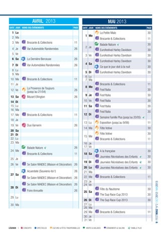 AVRIL 2013                                                                   MAI 2013
DATE JOUR NOMS DES ÉVÉNEMENTS                                  PAGE       DATE JOUR NOMS DES ÉVÉNEMENTS                                    PAGE
   1 Lu                                                                                     La Petite Maïo                                 30
                                                                            1 Me
   2 Ma                                                                                     Brocante & Collections                         11
   3 Me        Brocante & Collections                           11
                                                                                            Balade Nature                                  30
                                                                            2 Je
   4 Je        Var Automobile Randonnées                        26                          Eurofestival Harley Davidson                   30
   5 Ve                                                                     3 Ve            Eurofestival Harley Davidson                   30
   6 Sa        La Dernière Berceuse                             26
                                                                                            Eurofestival Harley Davidson                   30
   7 Di        Var Automobiles Randonnées                       26          4 Sa
                                                                                            Ce que le jour doit à la nuit                  30
   8 Lu
                                                                            5 Di            Eurofestival Harley Davidson                   30
   9 Ma
                                                                            6 Lu
 10 Me         Brocante & Collections                           11          7 Ma
 11 Je                                                                                      Brocante & Collections                         11
               La Provence de Toujours                                      8 Me
 12 Ve                                                          26                          Fest’Italia                                    30
               (jusqu’au 21/04)
                                                                            9 Je            Fest’Italia                                    30
 13 Sa         Mozart Ellington                                 26
 14 Di                                                                    10 Ve             Fest’Italia                                    30
 15 Lu                                                                    11 Sa             Fest’Italia                                    30
 16 Ma
                                                                                            Fest’Italia                                    30
 17 Me         Brocante & Collections                           11        12 Di
                                                                                            Semaine Famille Plus (jusqu’au 20/05)
 18 Je
                                                                          13 Lu             Exposition (jusqu’au 9/06)                     11
 19 Ve         Duo Varnerin                                     26
                                                                          14 Ma             Fête Votive                                    30
 20   Sa
 21   Di                                                                                    Fête Votive                                    30
                                                                          15 Me
 22   Lu                                                                                    Brocante & Collections                         11
 23   Ma                                                                  16 Je
               Balade Nature                                    26        17 Ve
 24 Me                                                                                      A la française                                 30
               Brocante & Collections                           11        18 Sa
                                                                                            Journées Récréatives des Enfants               30
 25 Je
                                                                          19 Di             Journées Récréatives des Enfants               30
 26 Ve         5e Salon MAIDEC (Maison et Décoration) 26
                                                                          20 Lu             Journées Récréatives des Enfants               30
               Acuerdate (Souviens-toi !)                       26        21 Ma
 27 Sa
               5e Salon MAIDEC (Maison et Décoration) 26                  22 Me             Brocante & Collections                         11
                                                                          23 Je
                                                                                                                                                  9 I FESTIMAG’ N°2 I OCT2012 I MAI2013




               5e Salon MAIDEC (Maison et Décoration) 26                  24 Ve
 28 Di
               Foire Annuelle                                   26                          Fête du Nautisme                               30
                                                                          25 Sa
                                                                                            The Sup Race Cup 2013                          30
 29 Lu
                                                                          26   Di           The Sup Race Cup 2013                          30
 30 Ma                                                                    27   Lu
                                                                          28   Ma
                                                                          29   Me           Brocante & Collections                         11
                                                                          30   Je
                                                                          31   Ve

LÉGENDE I   CONCERTS     SPECTACLES     CULTURE & FÊTES TRADITIONNELLES     VISITES & BALADES     ÉVÉNEMENTS & SALONS       FAMILLE PLUS
 