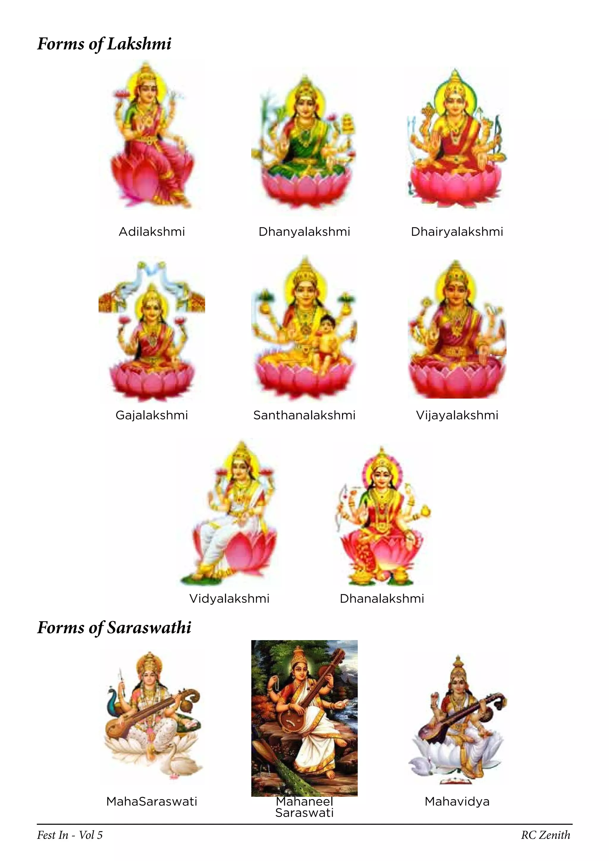 Forms of Lakshmi




                   Adilakshmi              Dhanyalakshmi              Dhairyalakshmi




                   Gajalakshmi            Santhanalakshmi             Vijayalakshmi




                                 Vidyalakshmi               Dhanalakshmi

Forms of Saraswathi




                  MahaSaraswati                 Mahaneel                   Mahavidya
                                                Saraswati
Fest In - Vol 5                                                                        RC Zenith
 