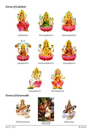Forms of Lakshmi




                   Adilakshmi              Dhanyalakshmi              Dhairyalakshmi




                   Gajalakshmi            Santhanalakshmi             Vijayalakshmi




                                 Vidyalakshmi               Dhanalakshmi

Forms of Saraswathi




                  MahaSaraswati                 Mahaneel                   Mahavidya
                                                Saraswati
Fest In - Vol 5                                                                        RC Zenith
 