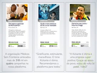 A organização Médicos
Sem Fronteiras arrecadou
mais de 318 mil em
quatro campanhas na
nossa plataforma.
“Gratiﬁcante, estimulante,
maravilhoso. O time
Kickante é ótimo.
Recomendamos a
plataforma para todos.”
“A Kickante é ótima e
uma empresa super
positiva. Graças ao apoio
do povo, estou de volta às
pistas. Valeu!”
 