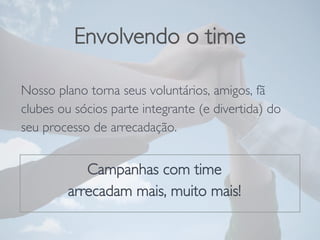 Envolvendo o time
Nosso plano torna seus voluntários, amigos, fã
clubes ou sócios parte integrante (e divertida) do
seu processo de arrecadação.

Campanhas com time 
arrecadam mais, muito mais!
 