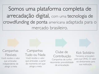 Somos uma plataforma completa de
arrecadação digital, com uma tecnologia de
crowdfunding de ponta americana adaptada para o
mercado brasileiro.
Campanhas 
Flexíveis
Você recebe o valor 
que arrecadar, 
independente de 
atingir a meta
Campanhas 
Tudo ou Nada
Você recebe o valor
que arrecadar, a partir
do momento em que
atinge a meta
Clube de 
Contribuição
Campanhas de cunho 
recorrente: previsibilidade 
de arrecadação
Kick Solidário
Terceiros arrecadam 
para sua ONG. O valor
vai diretamente para
sua instituição.
 