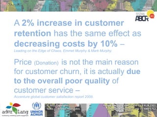 flang@aderelang.com — +55 11 9 9126 2321
a_ferraez@yahoo.es — +52 55 5083 1712
© 2015 Copyrights
Todos os direitos reservados.
A 2% increase in customer
retention has the same effect as
decreasing costs by 10% –
Leading on the Edge of Chaos, Emmet Murphy & Mark Murphy.
Price (Donation) is not the main reason
for customer churn, it is actually due
to the overall poor quality of
customer service –
Accenture global customer satisfaction report 2008.
 